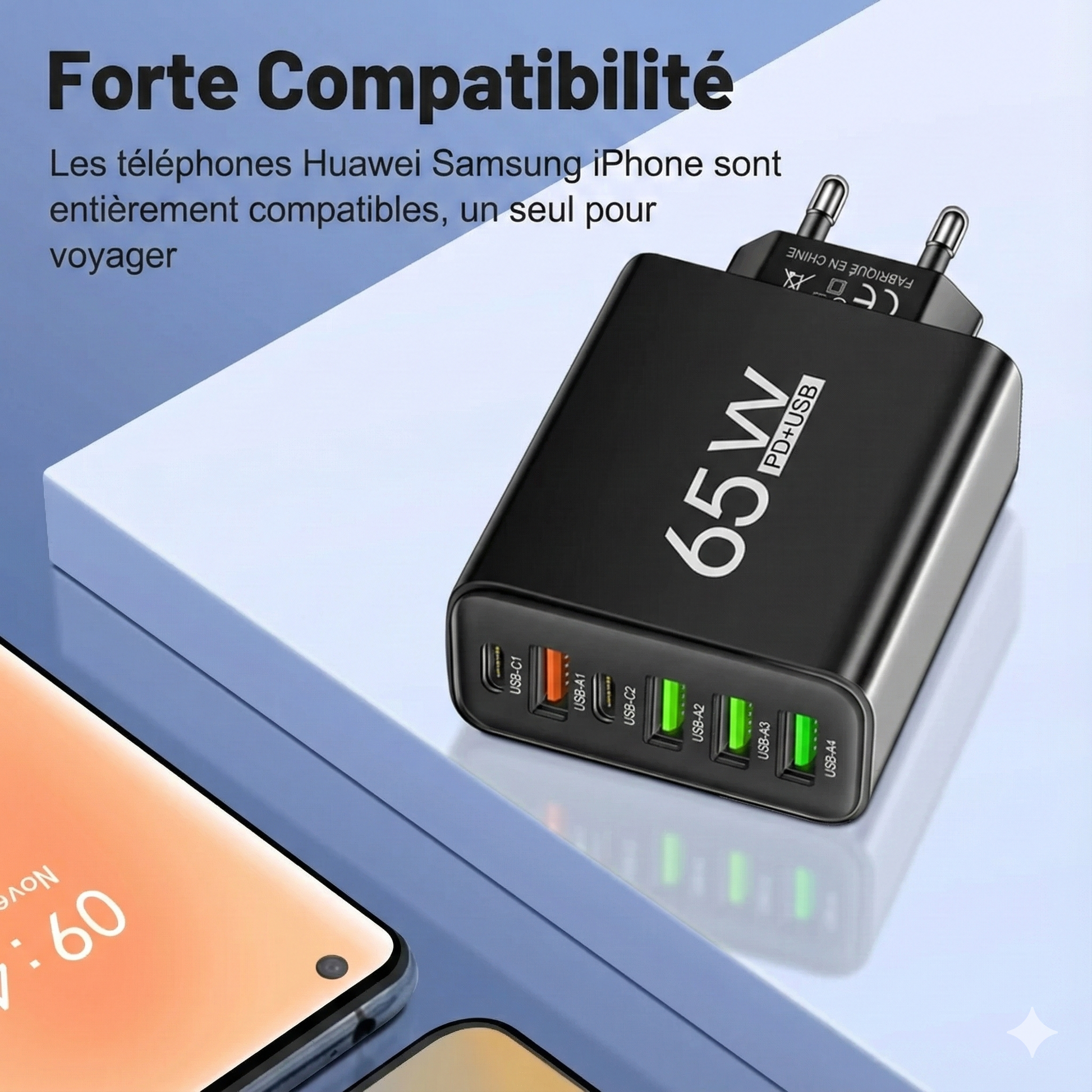 Chargeur Secteur Rapide 65W - 6 Ports (USB-C & USB-A)