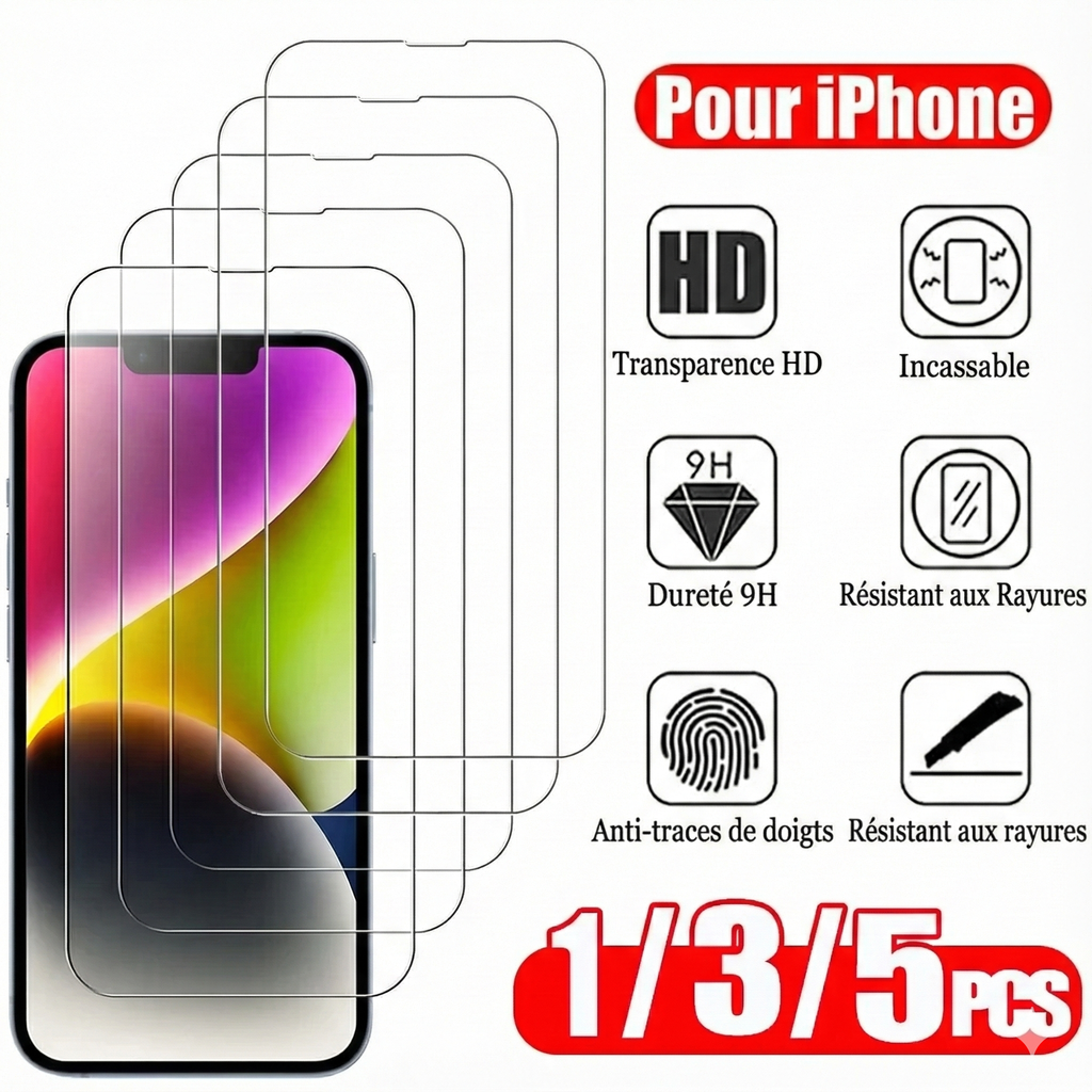 Verre Trempé iPhone - Protection 9H Anti-Choc & Rayures
