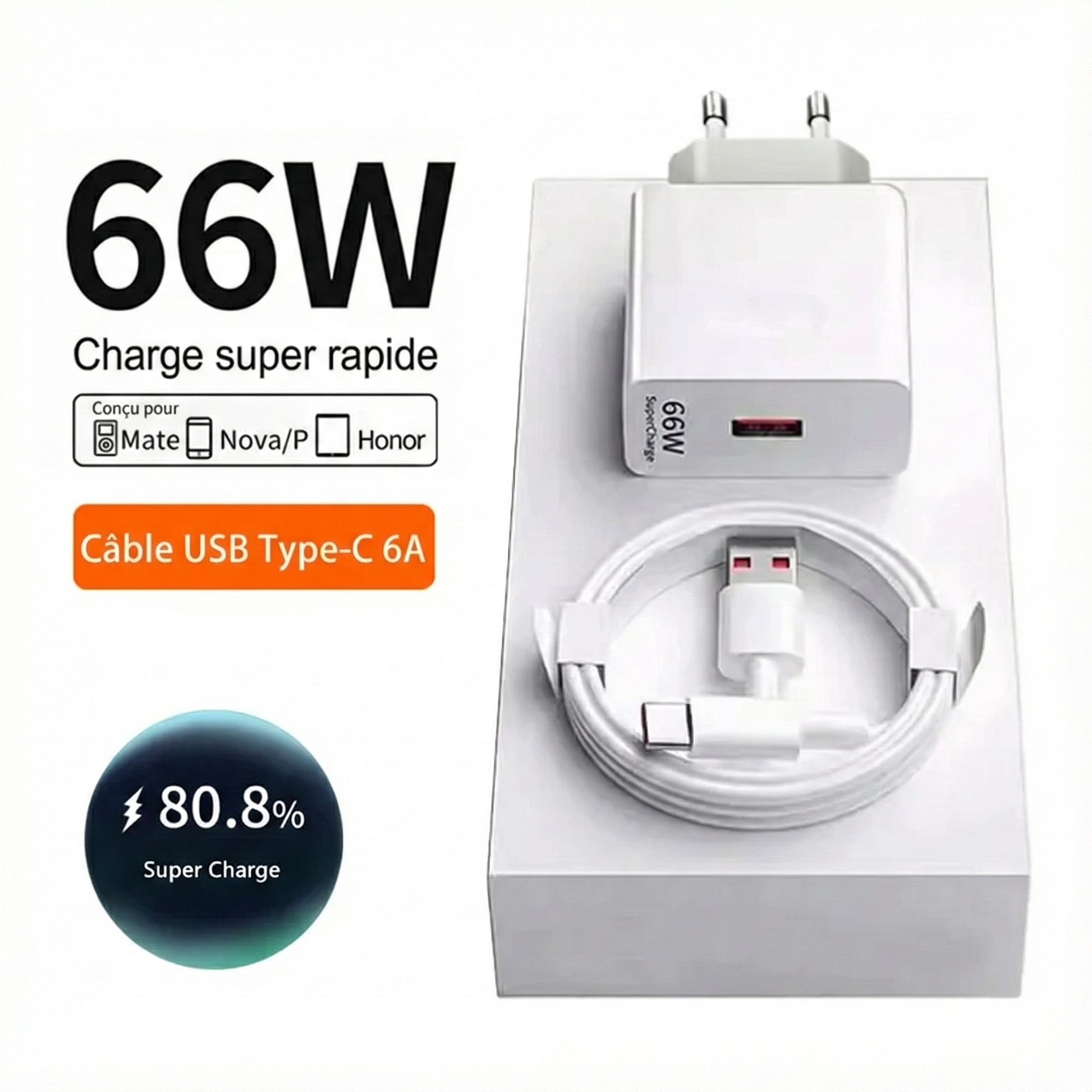 Kit Chargeur Super Rapide 66W + Câble USB-C 6A