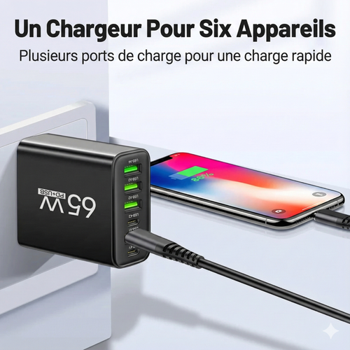 Chargeur Secteur Rapide 65W - 6 Ports (USB-C & USB-A)