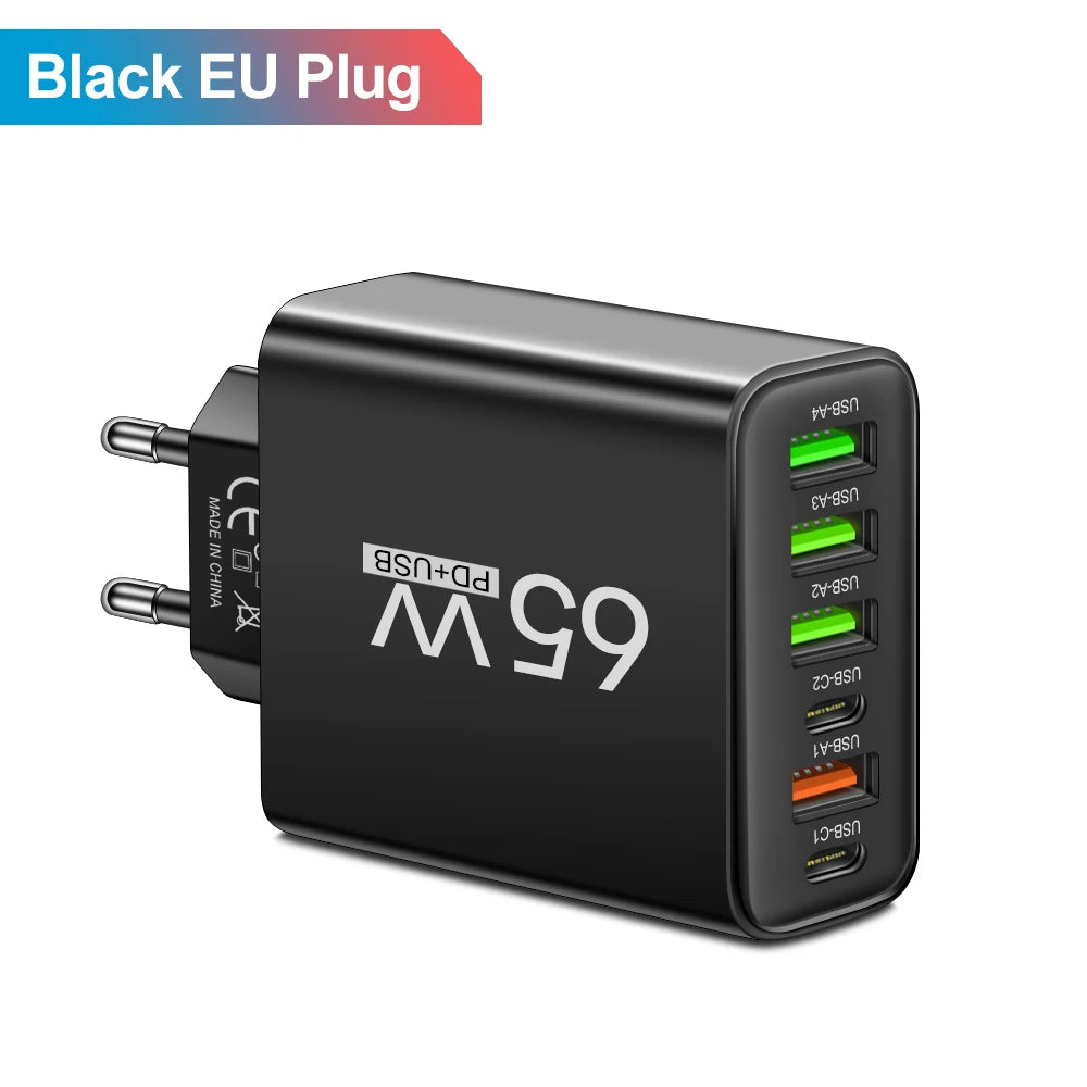 Chargeur Secteur Rapide 65W - 6 Ports (USB-C & USB-A)