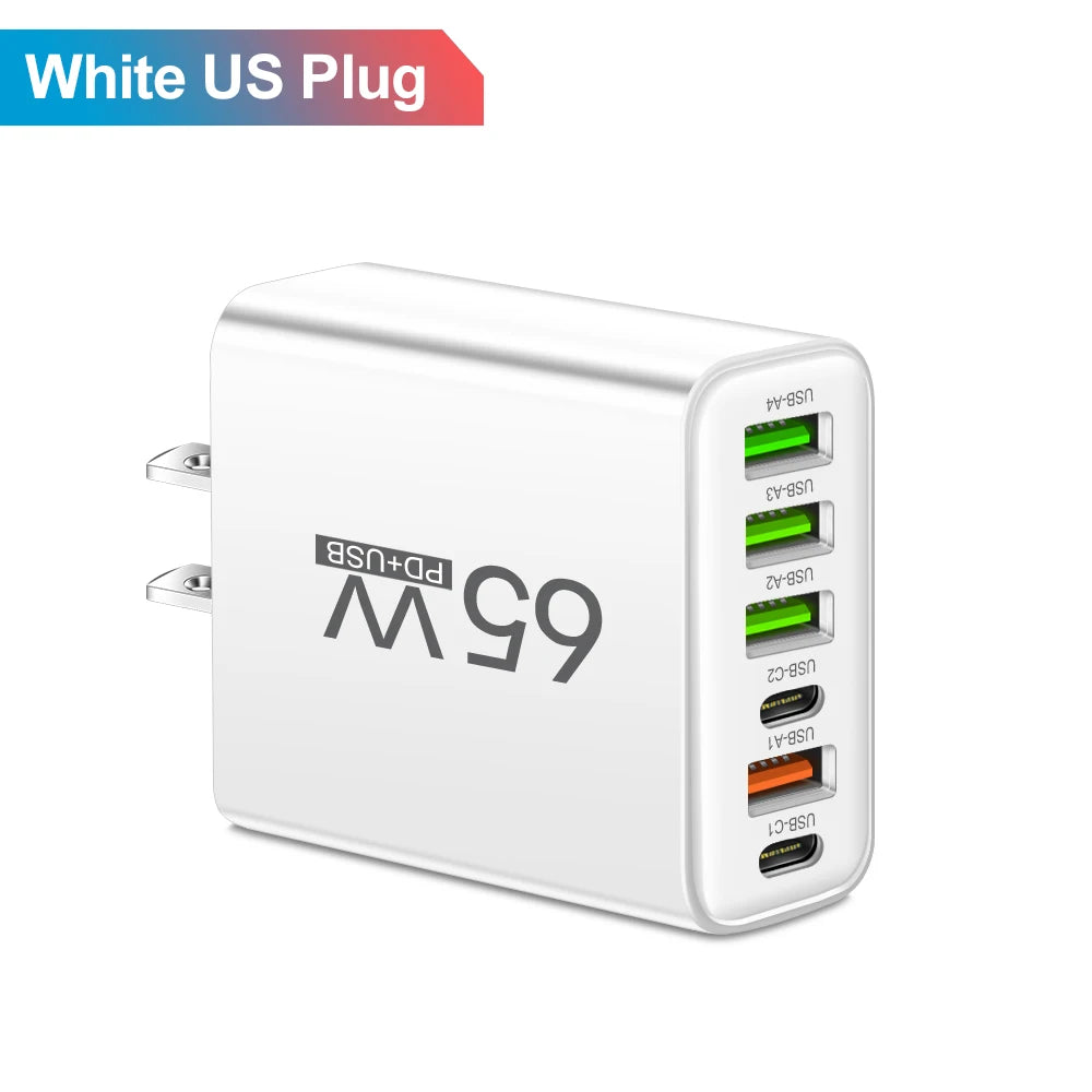 Chargeur Secteur Rapide 65W - 6 Ports (USB-C & USB-A)