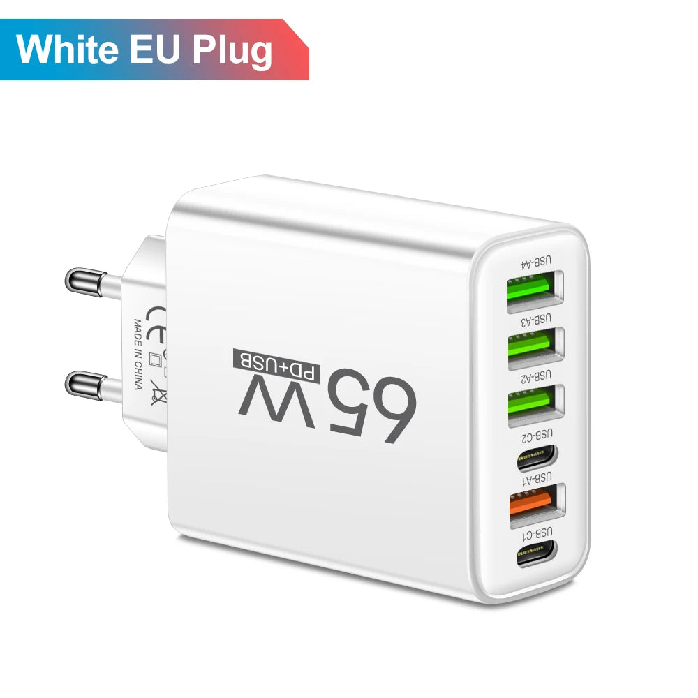 Chargeur Secteur Rapide 65W - 6 Ports (USB-C & USB-A)